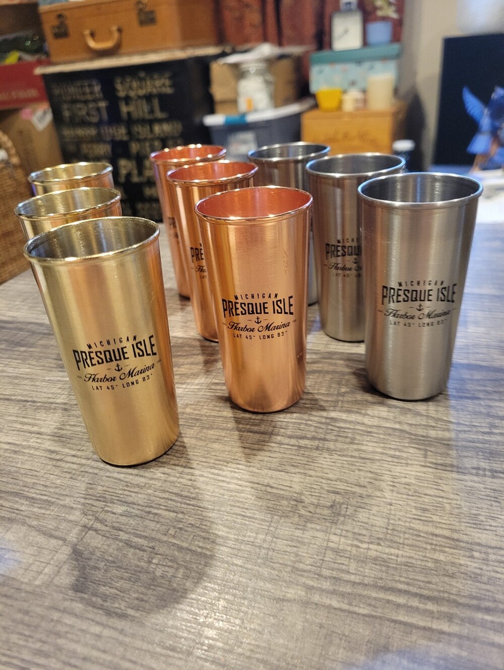 Presque Isle, Mich. Set 9 Oversized Metal Shot Glasses/ Shooters/ New Old Stock